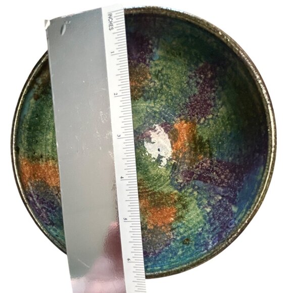 Handcrafted 2010 signed Malsnee Pottery Bowl Multicolor Glaze green purple orang - Picture 4 of 16